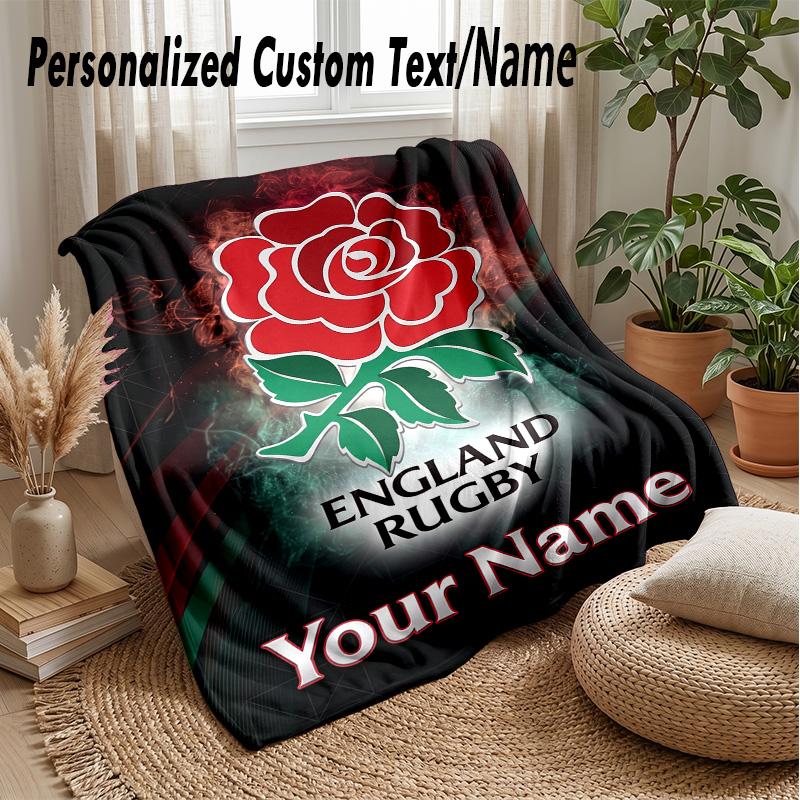 England Rugby Custom Flannel Throw Blanket Print Your Name Text Soft Warm Blanket Holiday Present