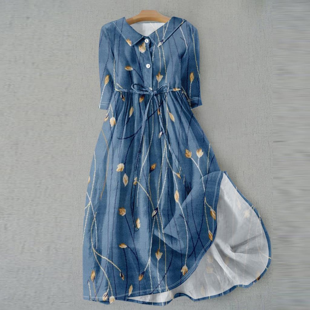 Women's Fashion Vintage Floral Print Lapel Button Three Quarter Sleeves Strappy Dress