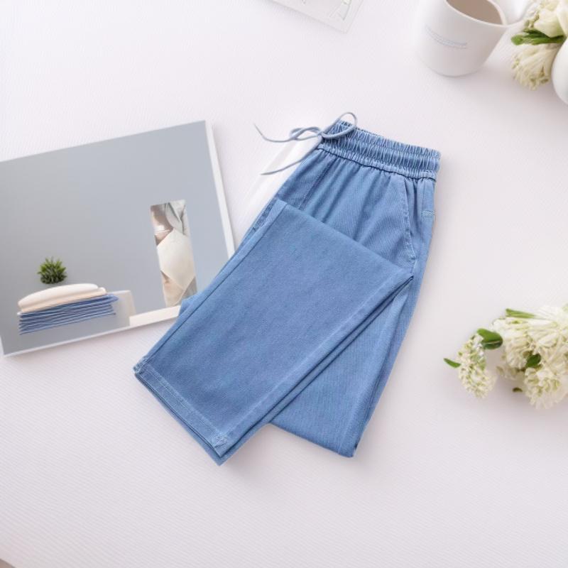 

Women s Tencel Jeans - Summer 2026, Lightweight High Waist, Plus Size Ice Silk Wide Leg Pants Small Leg Opening 5XL (140-155 kg) джинсовый синий