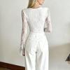 Maglia Sottile Corta Design di Nicchia da Donna Manica Lunga Pizzo Dolce Forato Stagione Primavera e Autunno