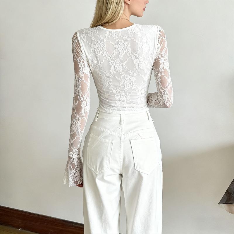 Maglia Sottile Corta Design di Nicchia da Donna Manica Lunga Pizzo Dolce Forato Stagione Primavera e Autunno