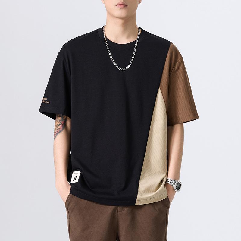 New Summer Pure Cotton Short-sleeved T-shirt for Men's Large Size Loose Contrasting Body Shirt