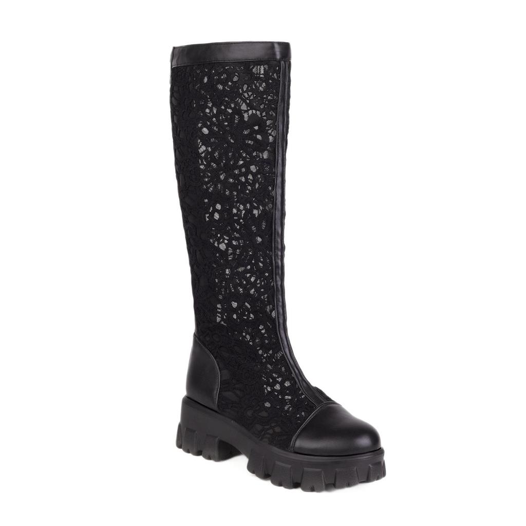 Versatile Platform Mesh Round Toe Thick Sole Long Boots, Slimming High Top, Plus Size 34-43