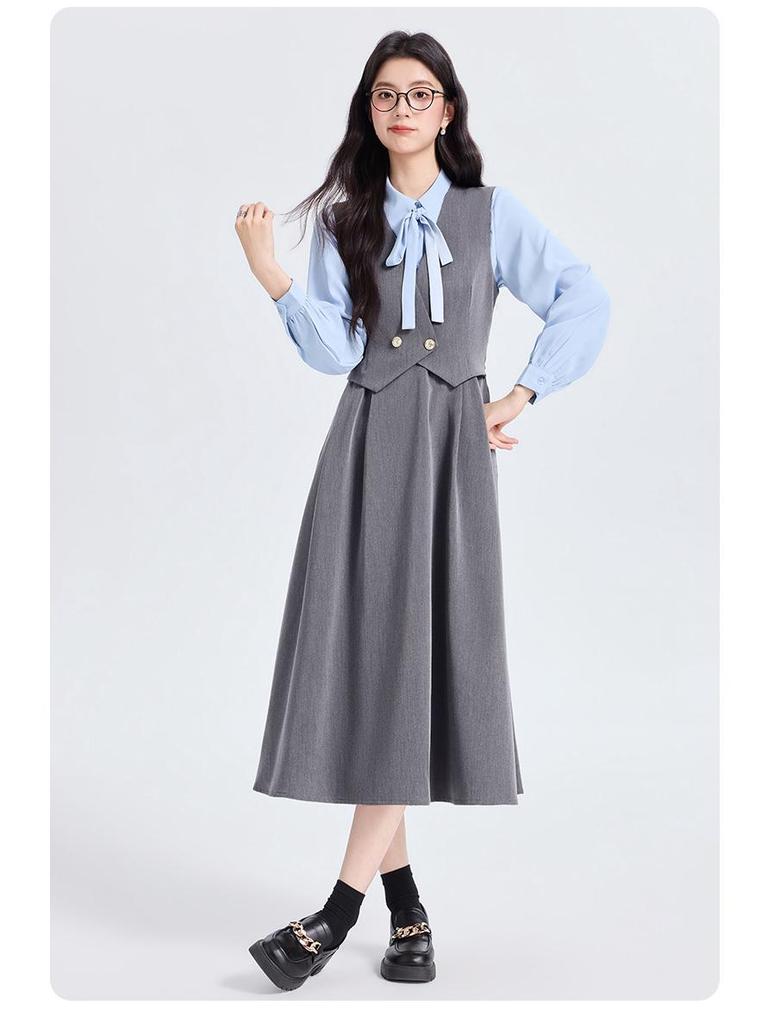 Age-Defying Preppy Vest Dress Set for Female College Students - Ideal for Exams & Interviews, Includes Shirt and Vest Dress
