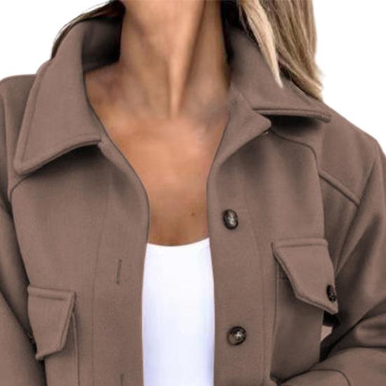 Turn-down Collar Women Coat Single Breasted Autumn Winter Flap Pockets Warm Woolen Coat Outerwear