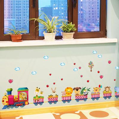 Autocollants Muraux Train Dessin Animé Monde Animalier pour Chambre d'Enfant, Décoration de Crèche
