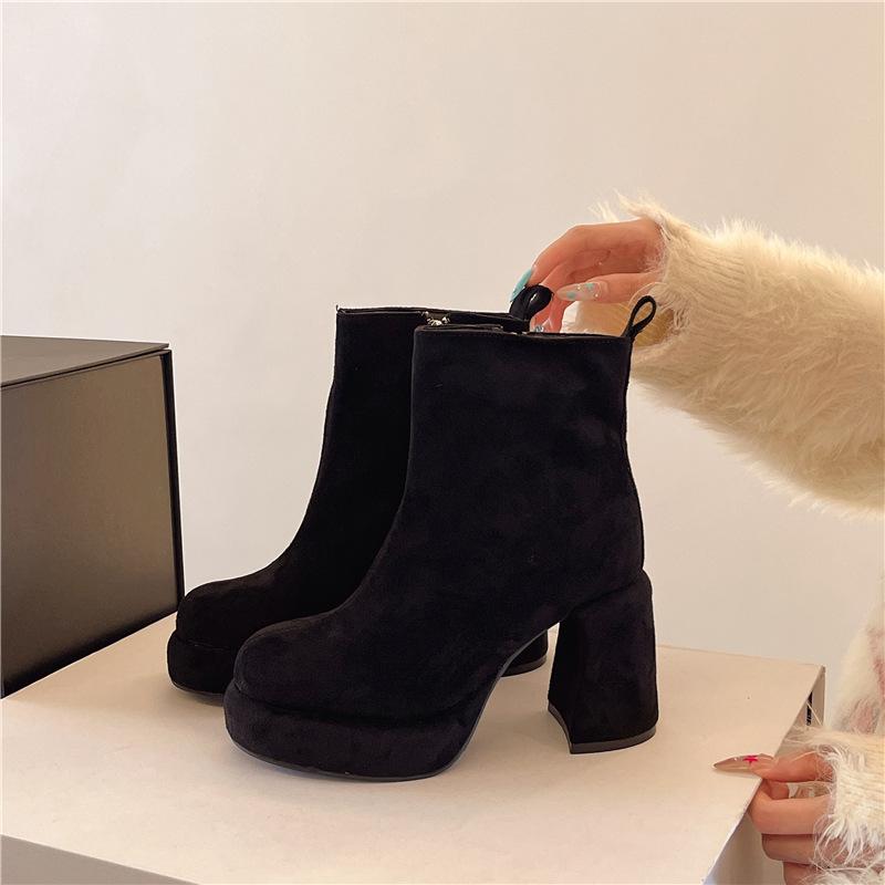 Retro temperament suede high-heeled short boots autumn and winter Korean version French fashion versatile thick heel thin boots women's Martin boots