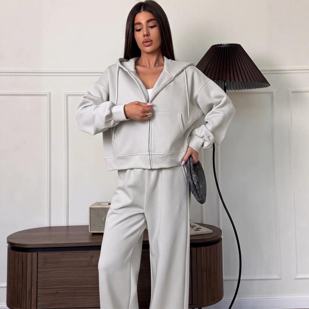 Autumn and winter new European and American style loose hooded zipper sweater set two-piece casual sweatpants women's solid color