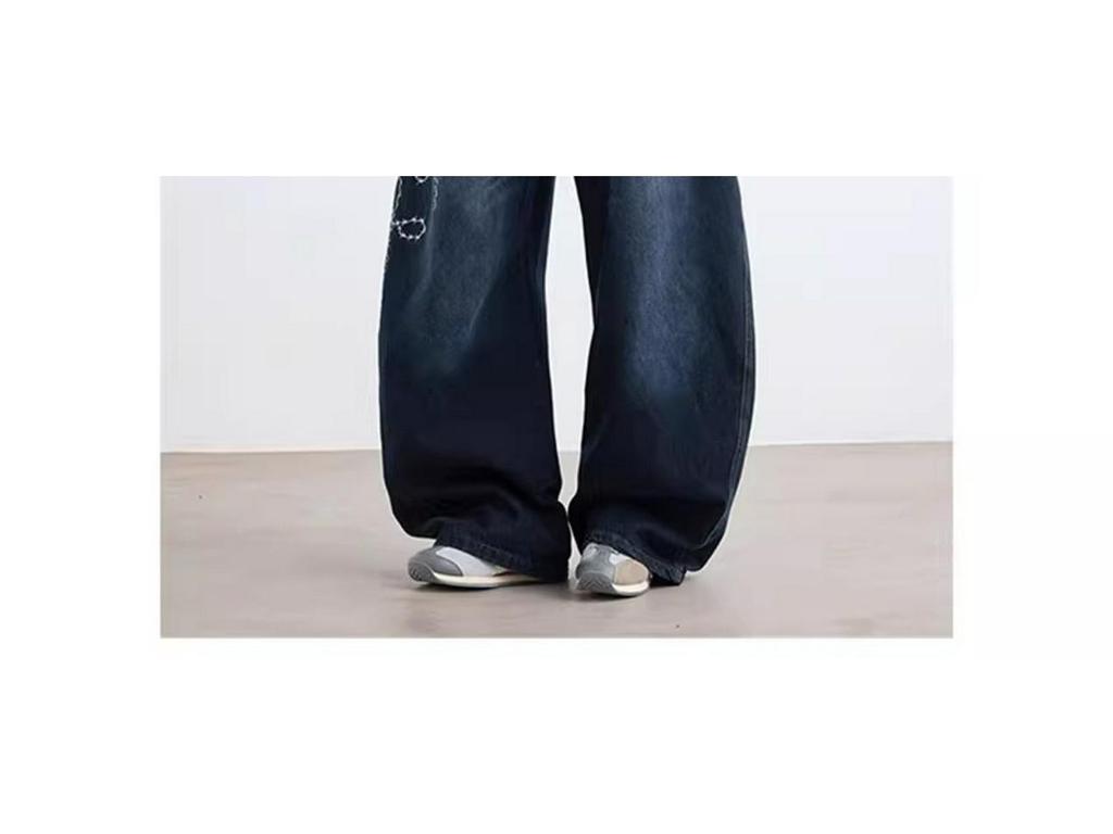 Unisex Retro Rose Embroidered Wide-Leg Jeans