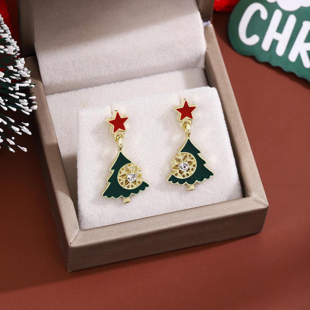 Silver Needle Christmas Rhinestone Star & Tree Earrings