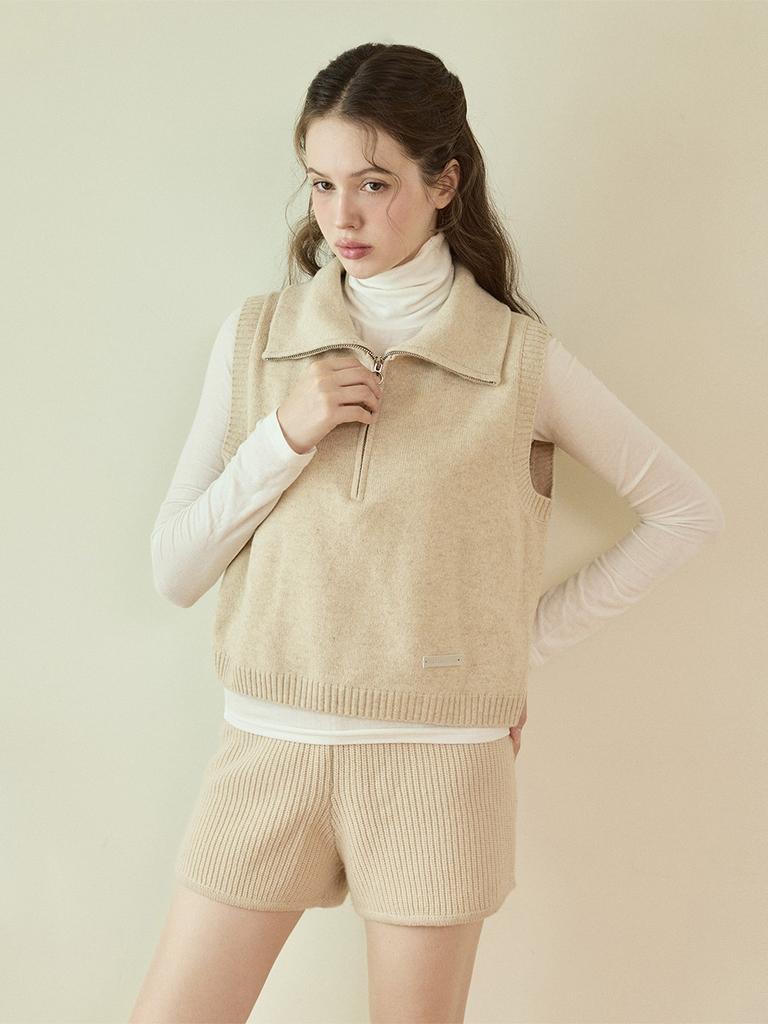 SISTERHOOD 100% Merino Wool High-Neck Knit Vest - Beige/Dark Gray