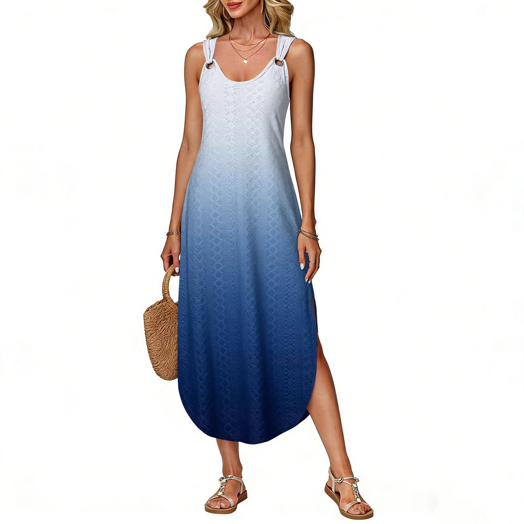 Women's Summer Long Dress, Sleeveless with Side Slits, Long Gradient Vest Dress