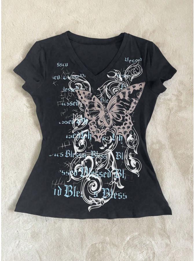 

Retro Vintage Distressed Butterfly V-neck Slim Fit Printed Crop Top Small чорний