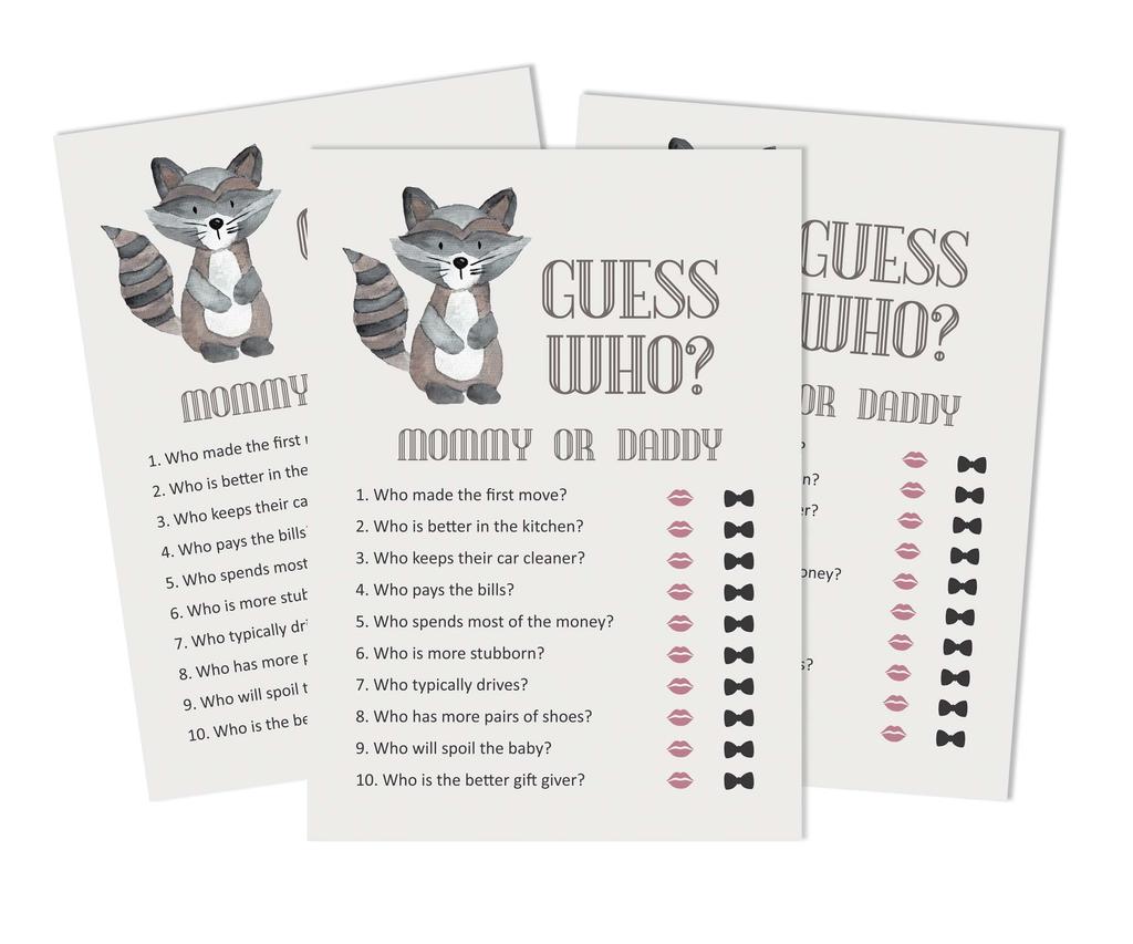 Inkdotpot Who Said it Game Mommy Or Daddy 50 Sheet Fun Baby Shower Game Gender Neutral Raccoon Animal Party Supply