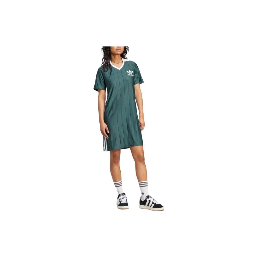Adidas Originals Adicolor Series Stripe Comfort Soft Breathable Pullover Midi Short Sleeve Dress Women Dress Mineral-Green IX5507