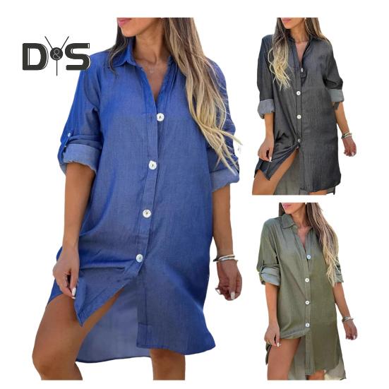 Denim Shirt Dress Shirt Collar Long Sleeves Women A-Line Style Dress Solid Color Single Breasted Knee-Length Dress