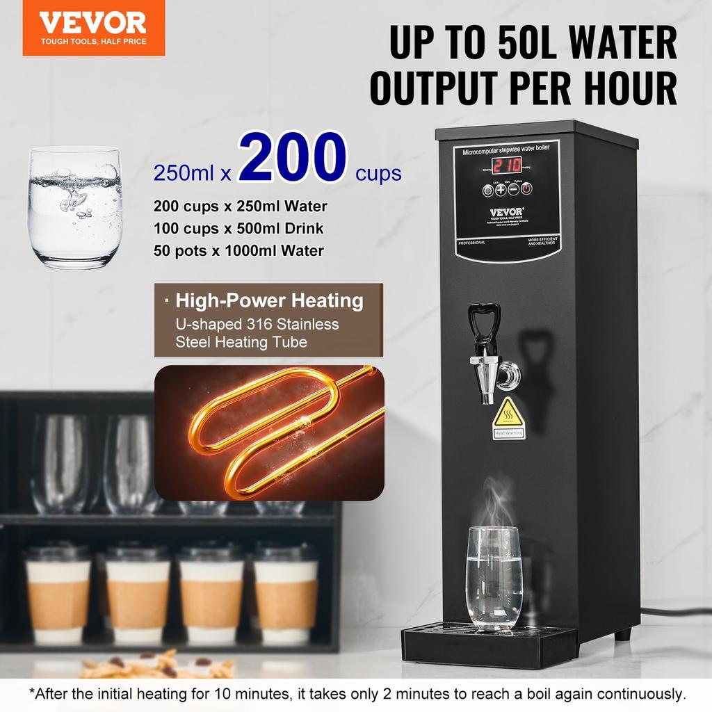 Commercial Water Boiler, Electric Hot Water Dispenser with 316 Stainless Steel Heating Tube, 1500W Step-by-step Fast Heating 50L per Hour Hot Water