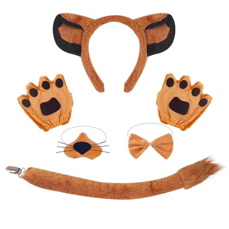 Lions Cosplay Set Dogs Ear Hair Hoop False Nose Brown Mesh Skirt Plush Tail Bowtie Lions Ear Headband for Halloween