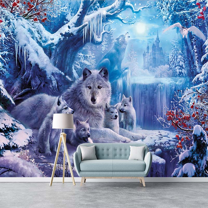 Wolf Snow Mountain Plum Blossom Castle Animal Living Room Bedroom Wallpaper Mural