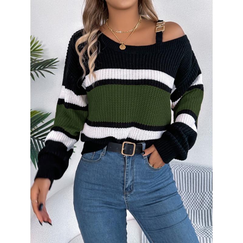 Casual Autumn Winter Color Block Striped Off Shoulder Lantern Sleeve Pullover Sweater For Women