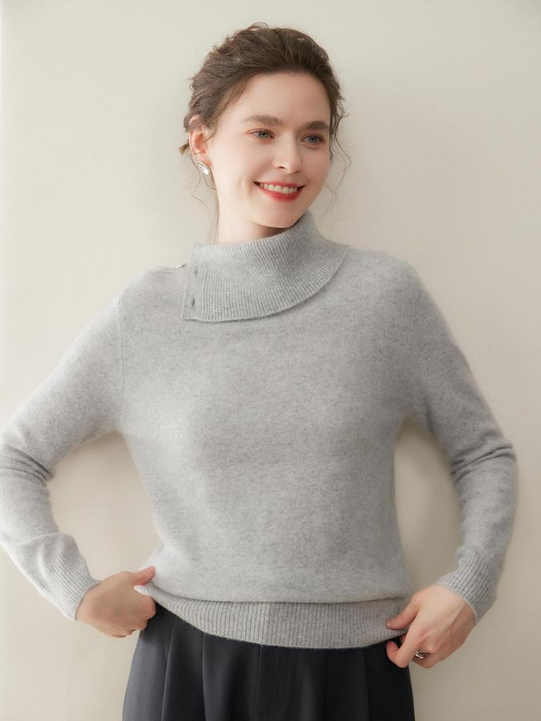 Women's Cashmere High-Neck Buckle Knit Sweater - Slimming Loose Pullover, Thick Korean Style, Plain Color Base Layer