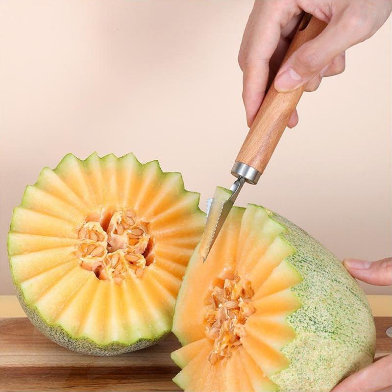 Taglia anguria Lama in acciaio inossidabile Manico in legno Multifunzionale Affetta frutta Utensile da cucina per la casa Taglio a cubetti di melone