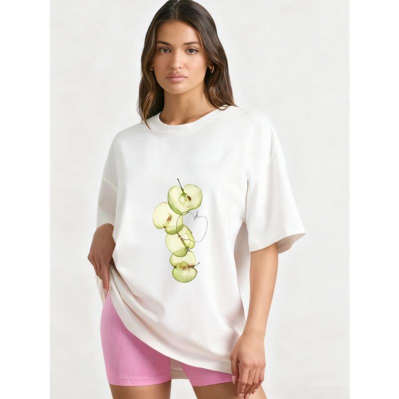 Oversized T Shirt Black Apple Slices Print Casual Everyday Wear