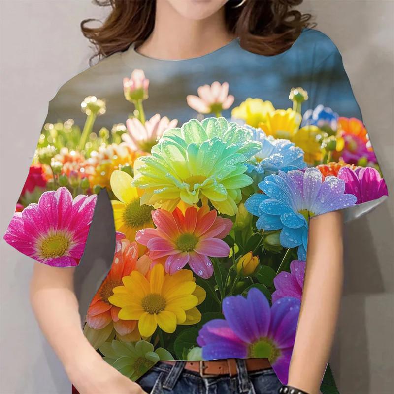 Women's Floral Print Casual T-Shirt - Short Sleeve Top