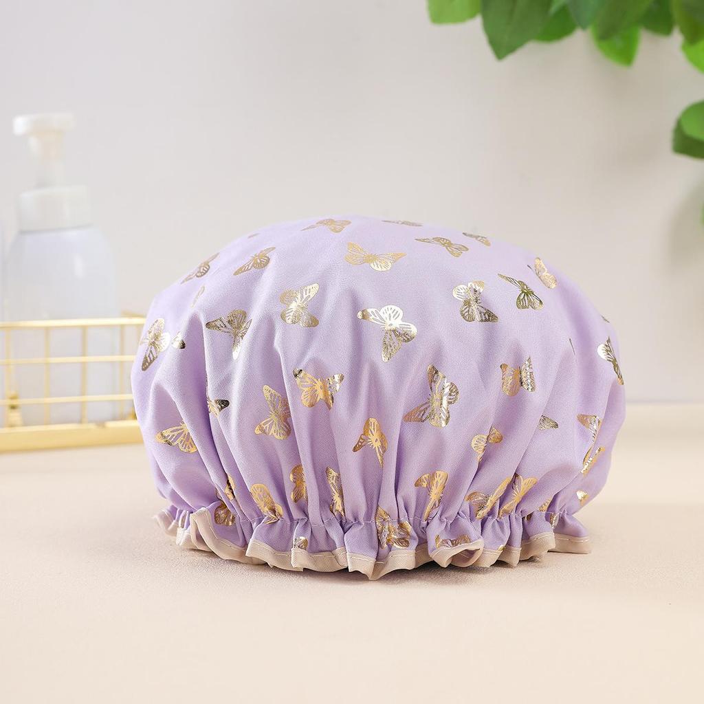 Double-layer Shower Cap  Waterproof Hair Cap  Gold-embossed Printed Polyester-cotton PEVA Shower Cap  Women's Bathing and Bathing Style