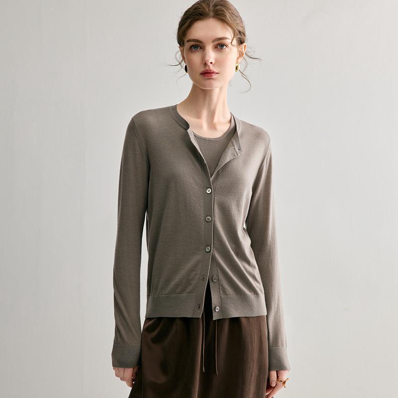 Women's Round Neck 100% Wool Knit Cardigan Sweater - Single-Breasted, Thin German Yangzi Yarn Design