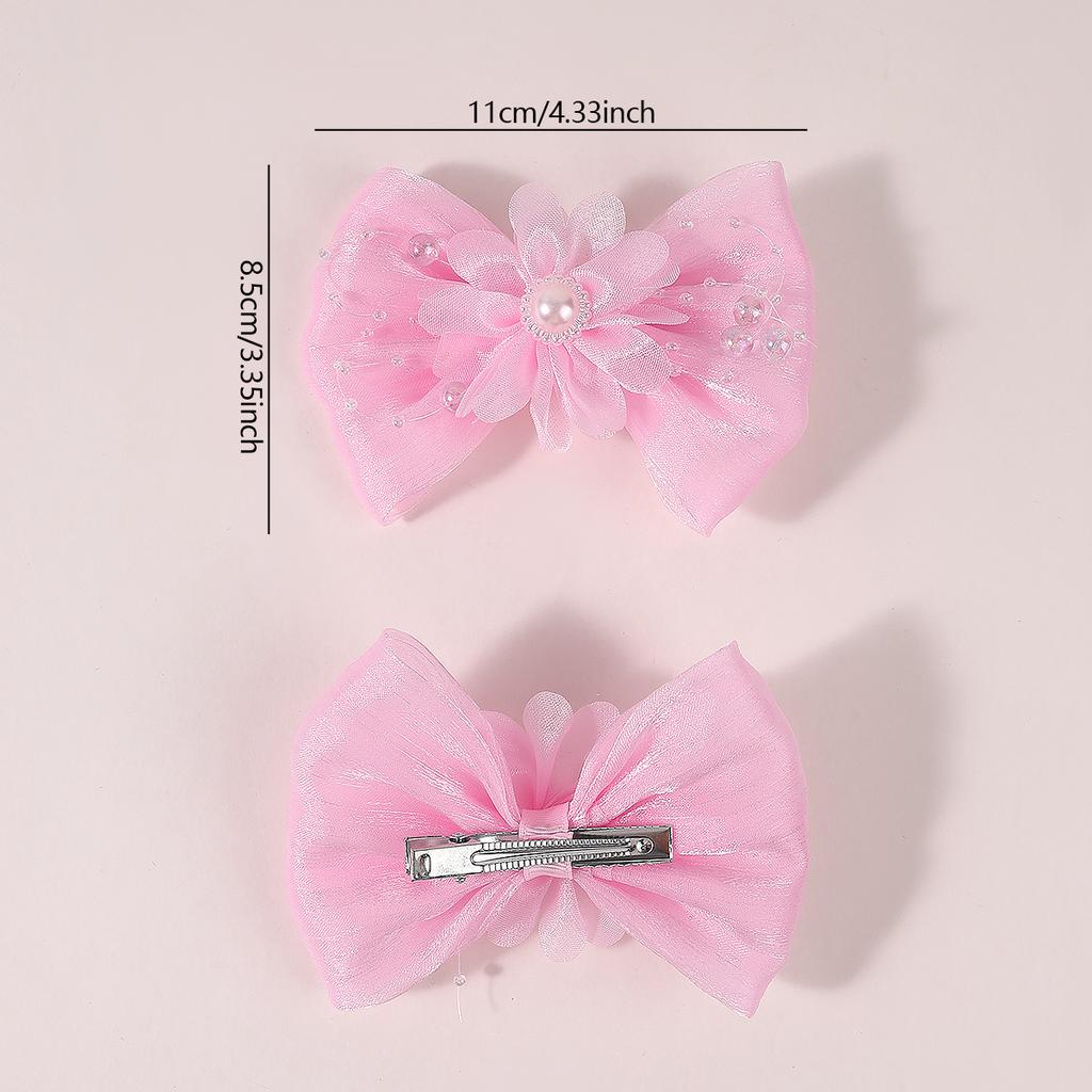 2Pcs/set Sparkly Organza Ribbon Bow Hair Clips for Girls Pearl Beaded Flower Hairpins Mesh Barrettes Elegant Aesthetic Headwear