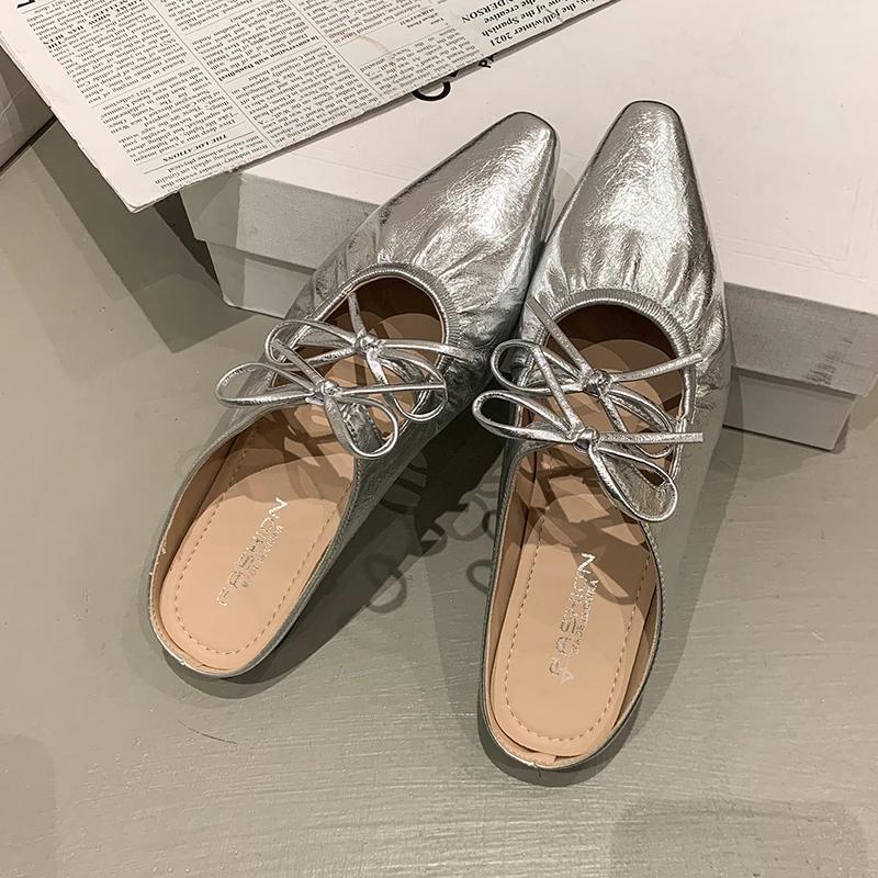Damenschuhe Schleifenslipper Damen Sommer Erhöht Intern Niedrig 2025 Silber Stoff Mary Janes PU Gummi Rom Schmetterling-