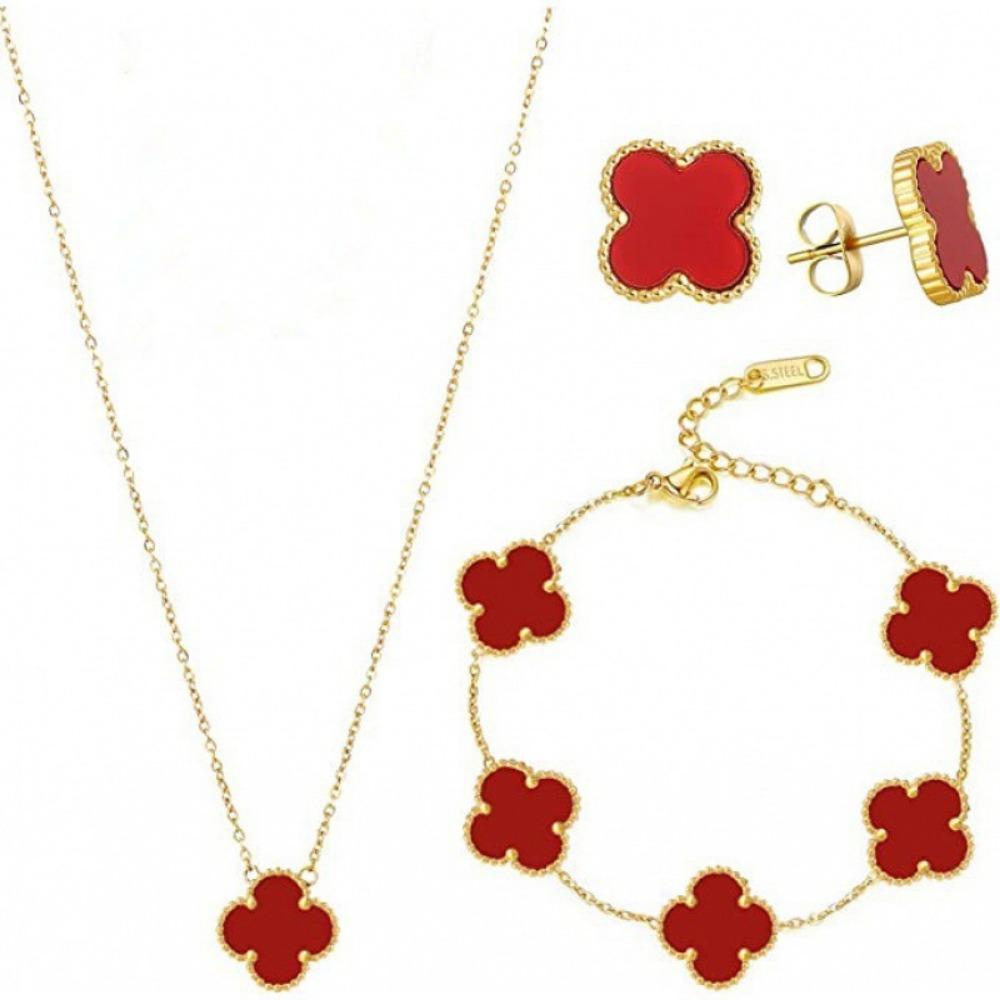 Four-leaf Clover Necklace Bracelet and Earrings Three-piece Set – Versatile Lucky Four-leaf Clover Floral Bracelet Clavicle Chain and Earrings 18K