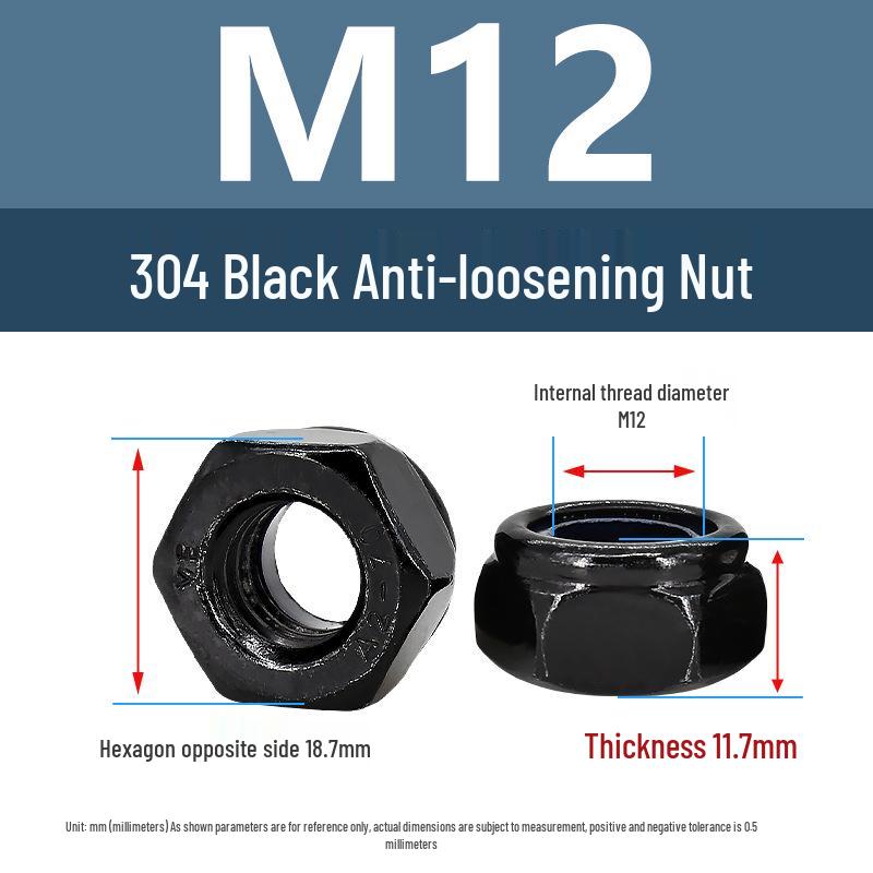 Black Anti-Loosening Locking Hex Nut (M2-M14) - 304 Stainless Steel