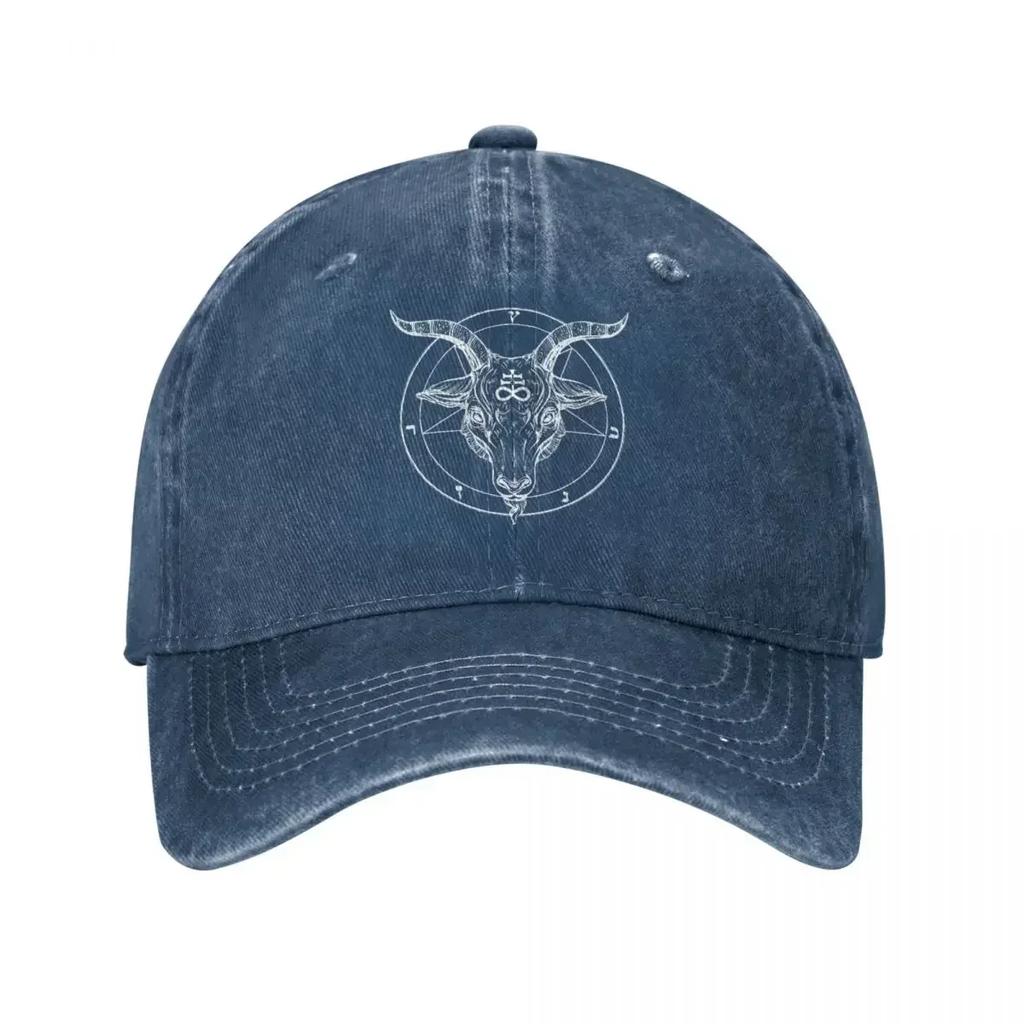 Baphomet Tête de Bouc Pentagramme Casquettes de Baseball Vintage Denim Usé Lavé Couvre-chef Unisexe Femmes Chapeaux de Casquette pour la Course en Plein air le Golf