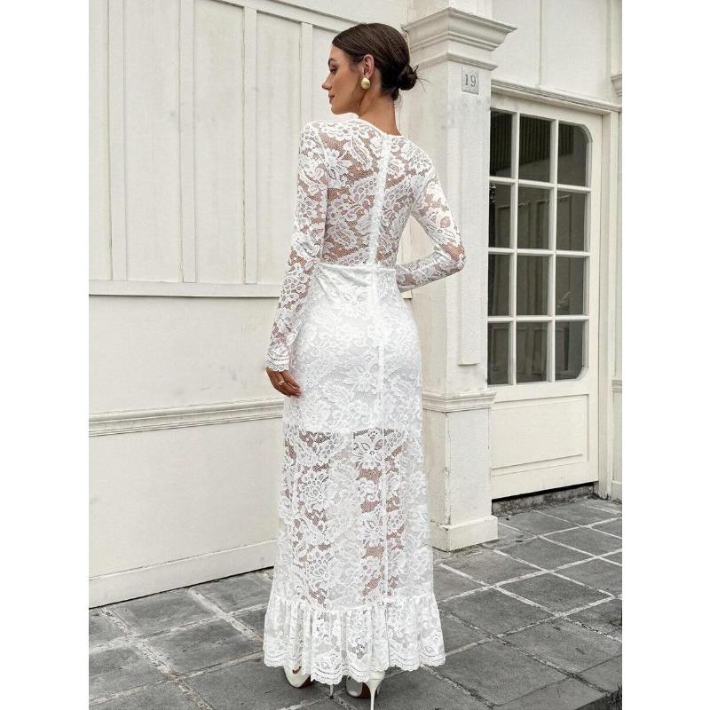 New Fashion Sexy Lace Long-sleeved Women's Dress with Elegant Temperament