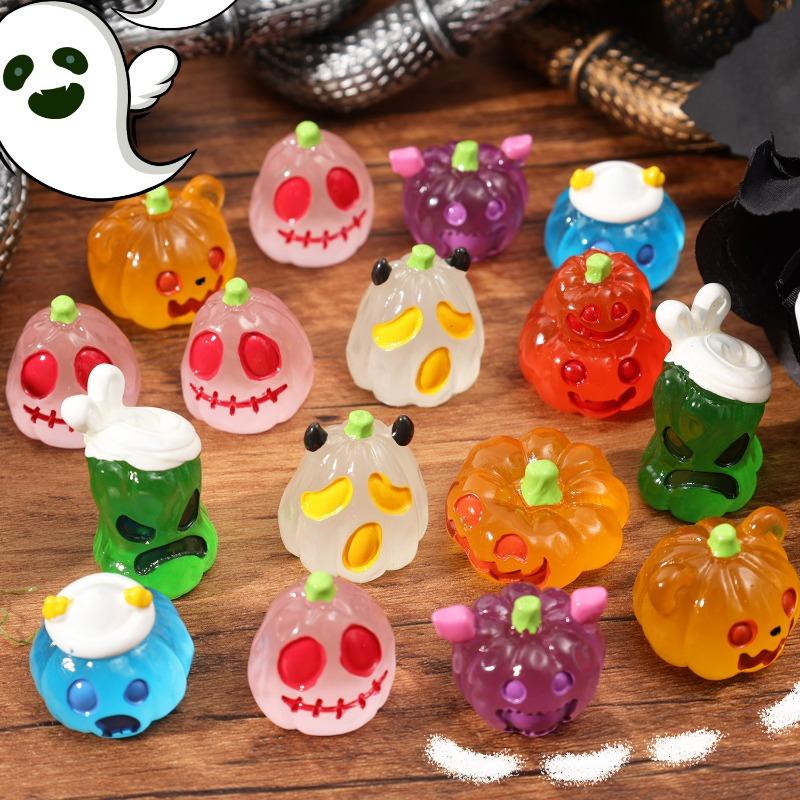 8PCS Spooky Halloween Luminous Pumpkin Ghost Mini Glow In The Dark Resin Craft Statues Vivid Color Home Party Display Kids