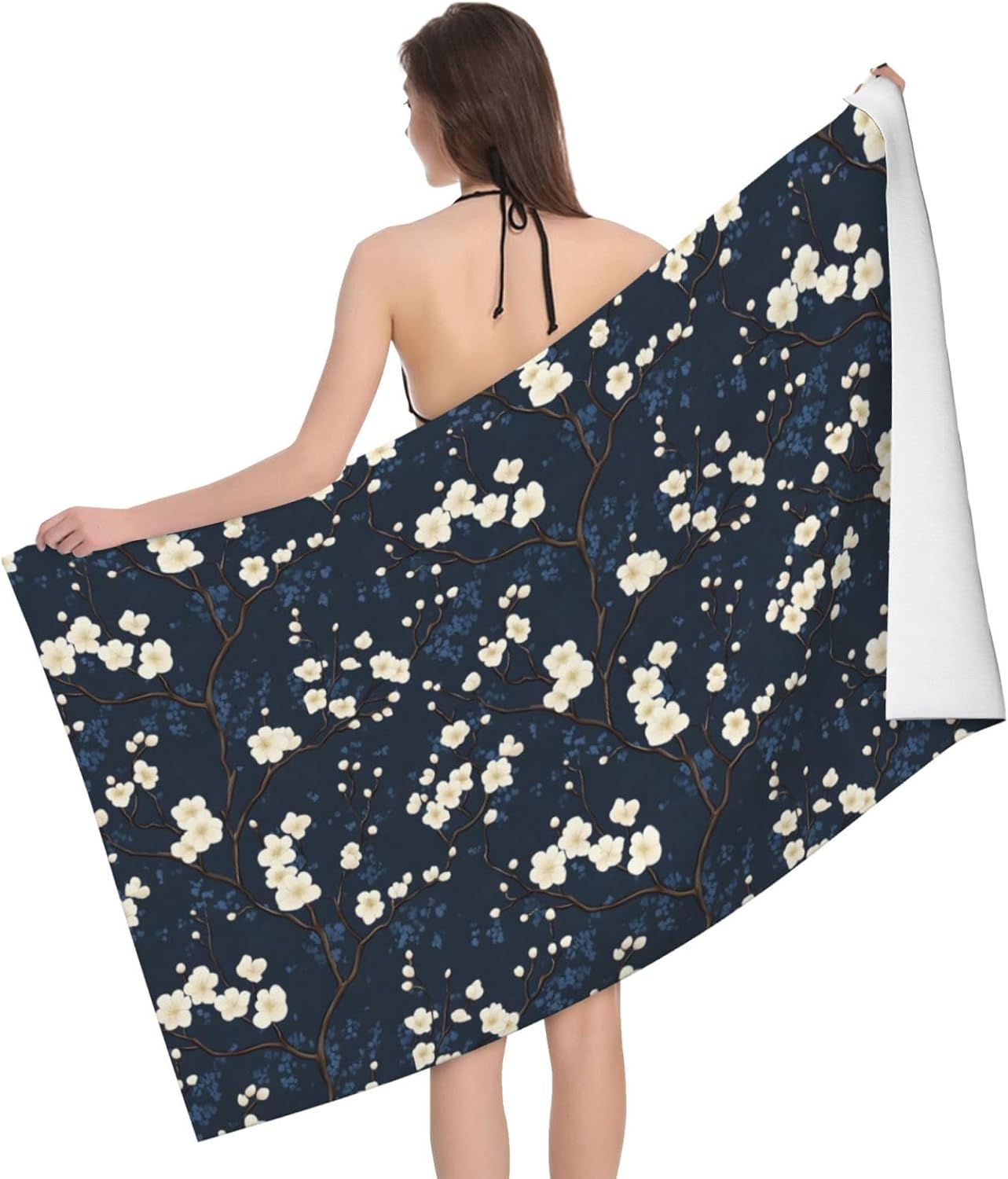 

Navy Blue Plum Blossom Print Quick Dry Beach Towel Large Travel Pool Swim Bath Towels Beach Essentials Accessories Adults W30*H60(CM)