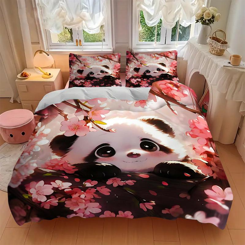 3pcs Sakura Panda Bedding Set - Includes 1 Quilt Cover and 2 Pillowcases, Comfortable Bedding with Stylish Design for Bedroom, Machine Washa