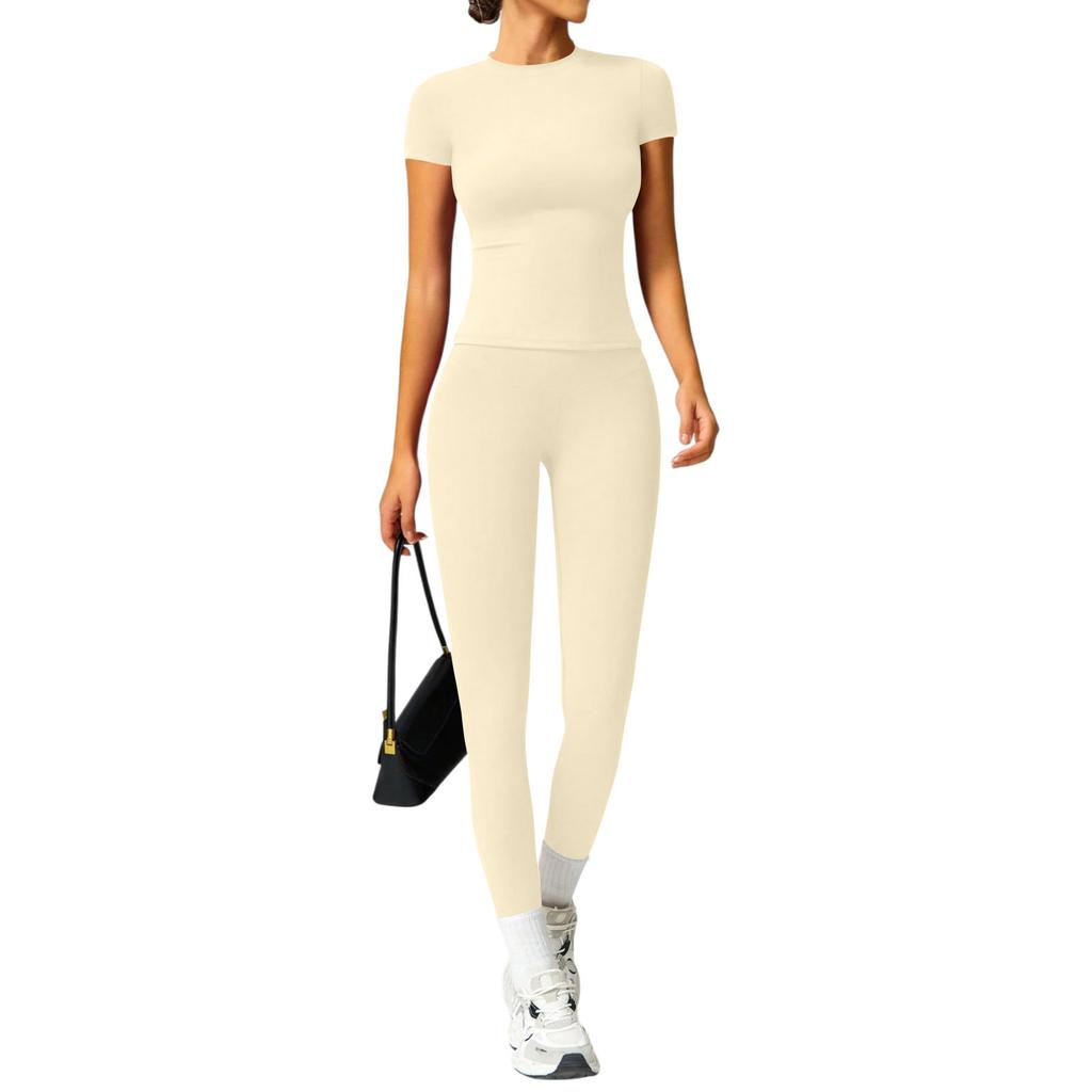 Women's Casual  Color Yoga Suit Short-Sleeve Pants Set