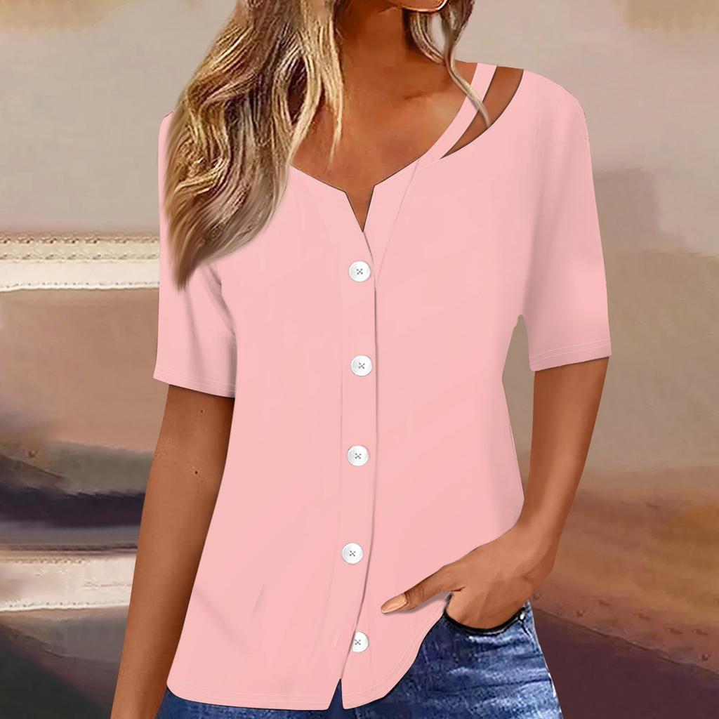 Damen T-Shirt mit Aufdruck, kurzärmelig, V-Ausschnitt, Knopfleiste, Strickjacke, T-Shirt, Top