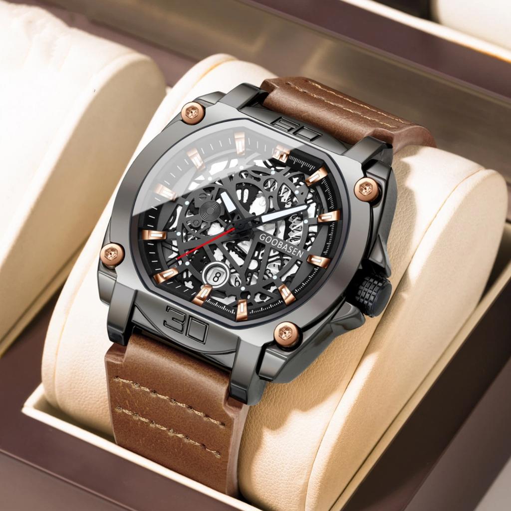 Fashion Sports Luminous Shaped Watch For Men Quartz Wristwatches Waterproof Skeleton Dial Leather Watches