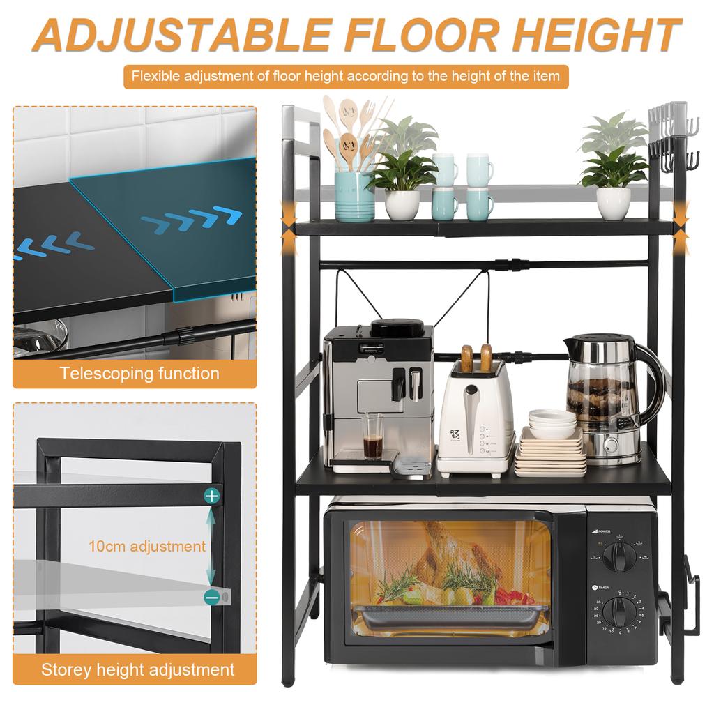 2 Tier Microwave Oven Rack Expandable Microwave Stand Countertop Kitchen Utensils Tableware Storage Shelf Countertop with Hooks