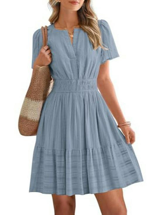 European & American V-neck Pleated Puff Sleeve Layered Dress for Women