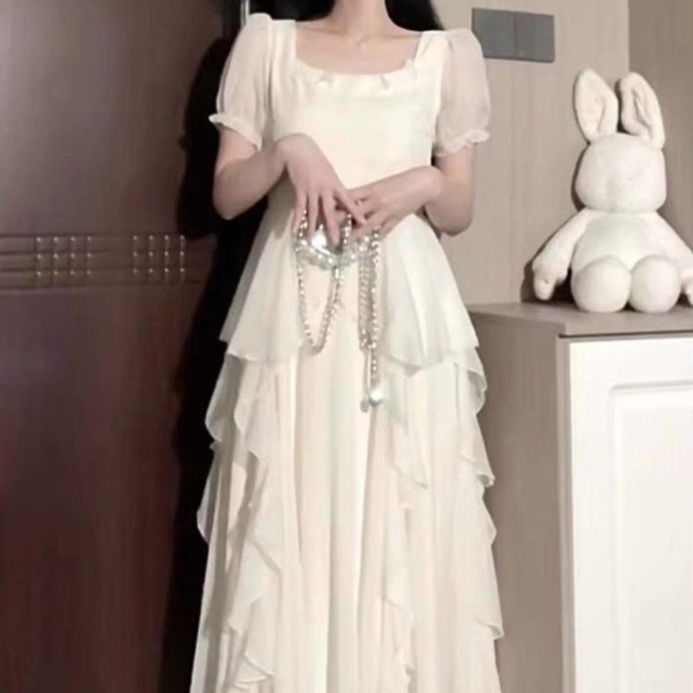 

Шифоновое платье с оборками Женское платье-сетка с рукавами-буфами и кисточками Темпераментное А-силуэтное платье Феи для девочек L белый