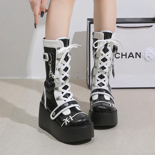 

Women s Mid-Calf Boots 2025 New Fashion Chain Punk Boots Autumn 8CM High Heels Chunky Platform Motorcycle Boots for Woman 35 чорний