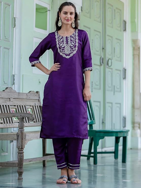Women's Designer Silk Blend Embroidered Kurta with Pant & Dupatta Set