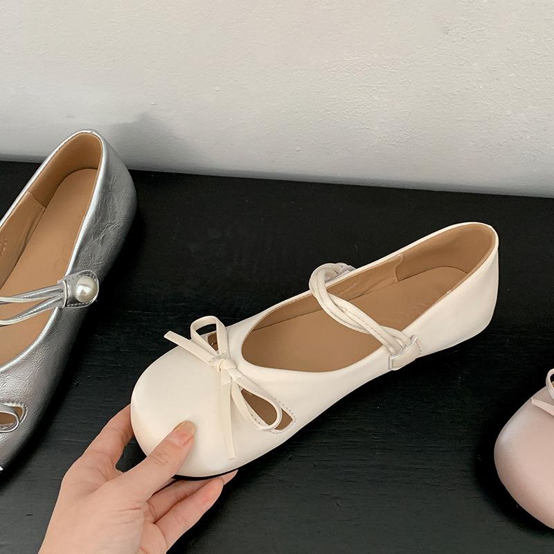 Modische silberne französische Ballett-Ballerinas mit Schleife für Damen, neu für Frühjahr 2025