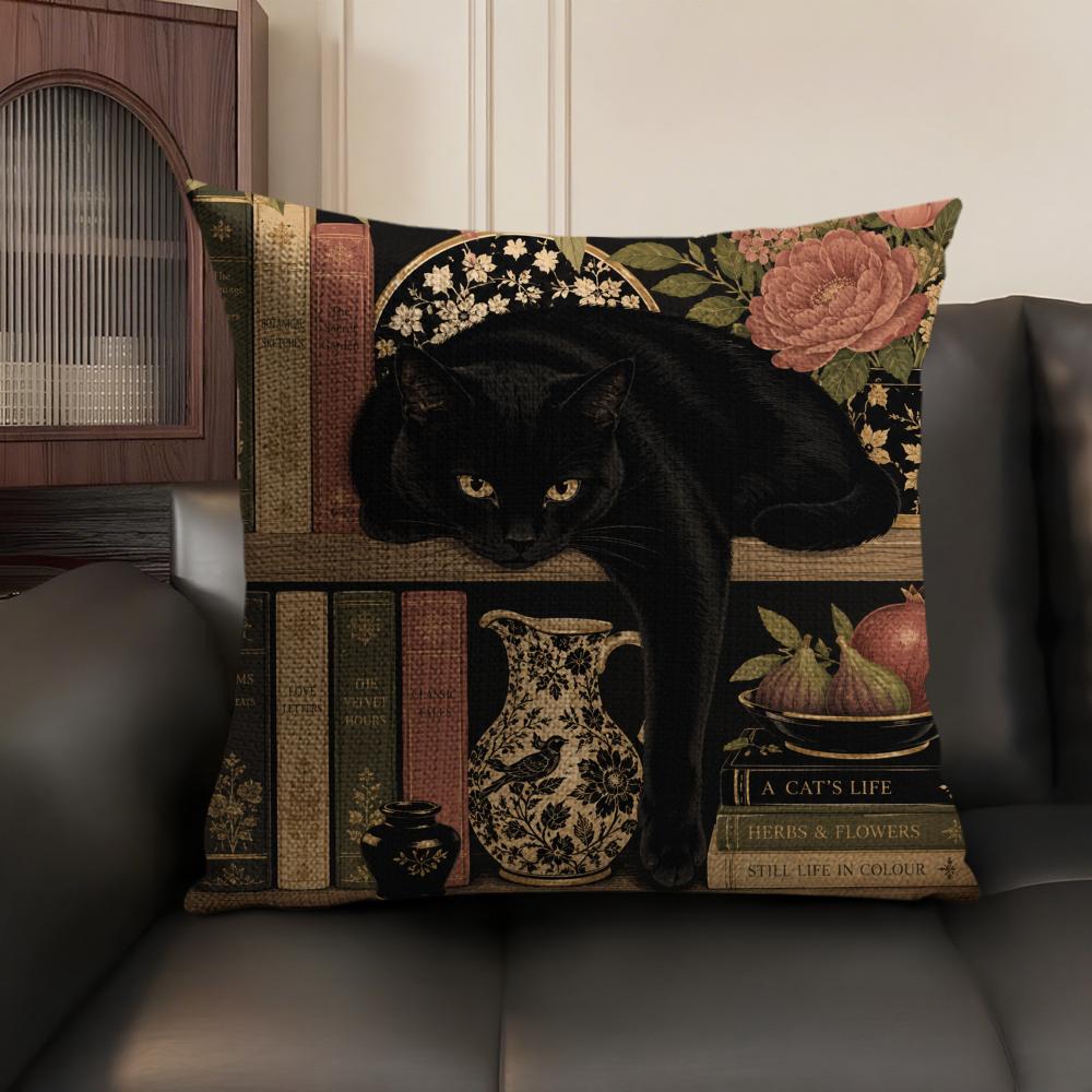 Black Cat Books Cushion Cover Linen Organic Fabric DoubleSided Printing Sofa Breathable Home Decor Gift Pillow Case