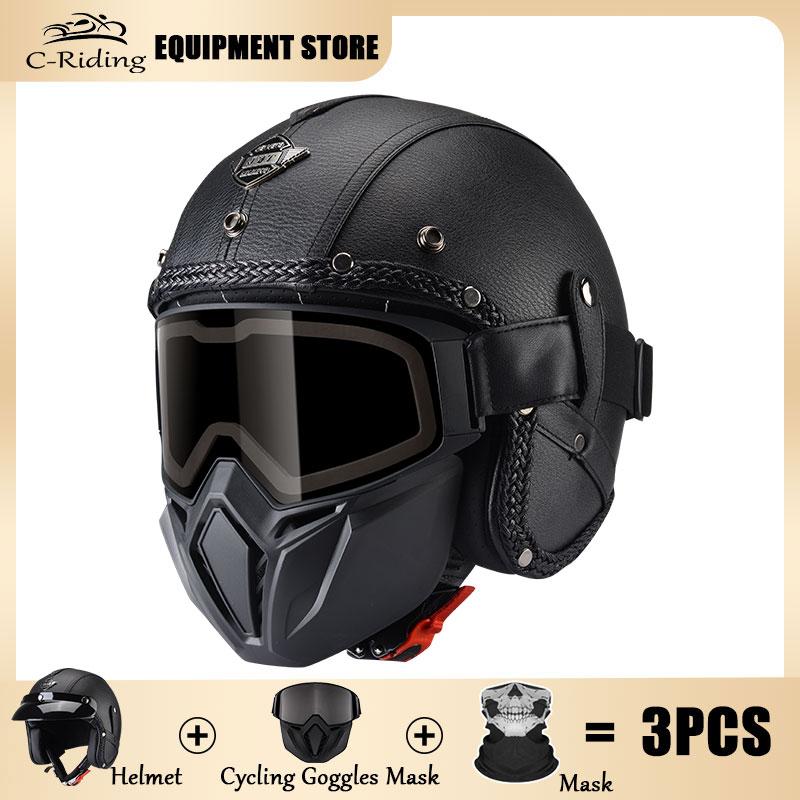 Vintage Brown Leather Helmet Summer Cruise Motorcycle Jet Helmet Men and Women Motorbike Riding Half Helmets Cascos Para Motos